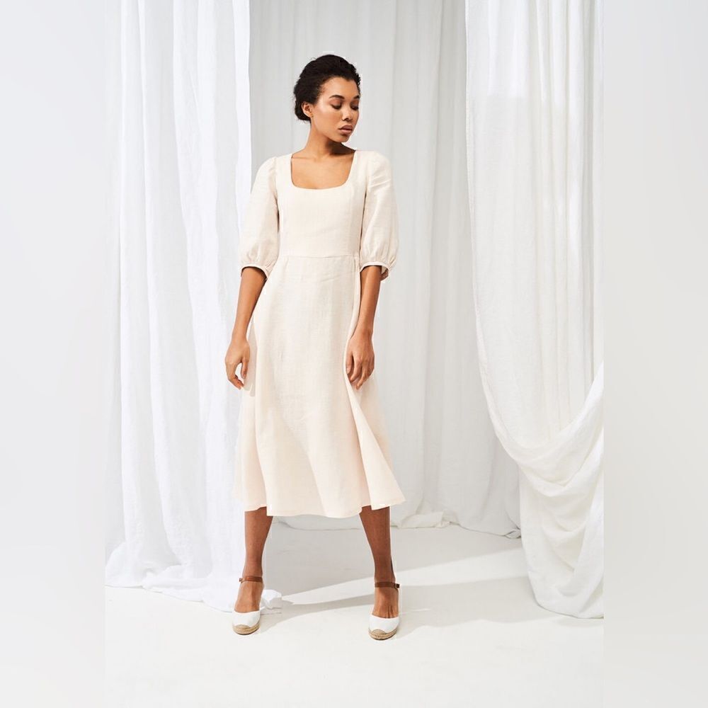 Linen Handmade Studio Aurora Dress Puff Sleeve Sz 16